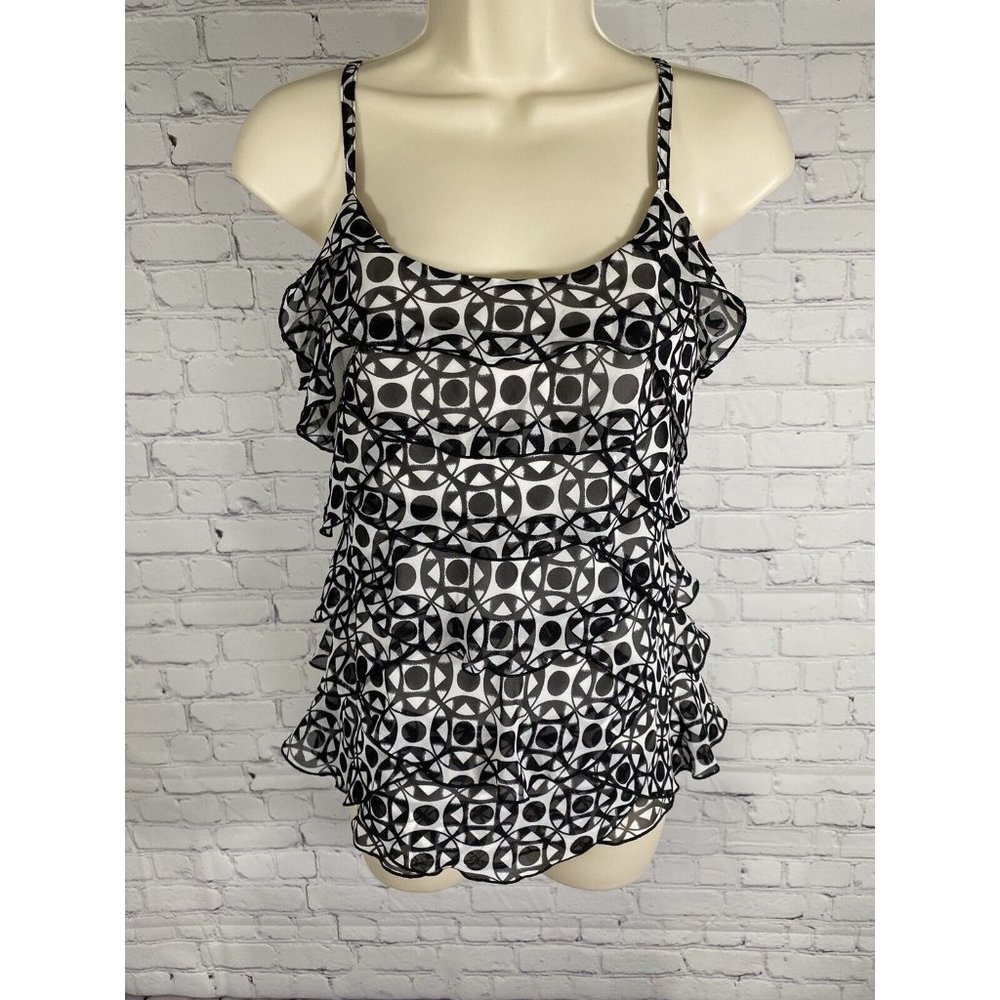 White House Black Market White Black Geometric Layered Frilly Spaghetti Strap XS